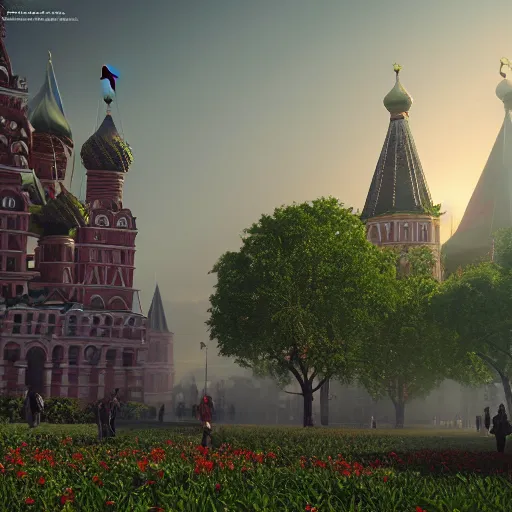 Image similar to huge explosion in Red Square Kremlin in the form of <cotton plants>, beautiful dynamic lighting, cinematic, establishing shot, extremely high detail, photo realistic, cinematic lighting, post processed, concept art, artstation, matte painting, style by frederic church, raphael lacoste, unreal engine 8k