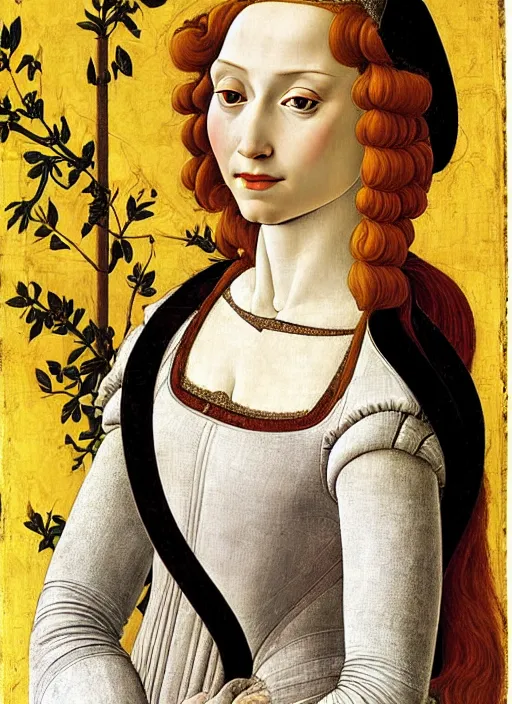 Image similar to portrait of young woman in renaissance dress and hennin, art by sandro botticelli