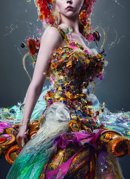 Image similar to expressive full body photo of anya taylor - joy, dress made of sweets and candies, glamour shot, by karol bak, stefan gesell, photorealistic, nikon d 4 x, fashion photography, hyper maximalist, elegant, ornate, luxury, elite, environmental portrait, symmetrical features, octane render, unreal engine, solid dark grey background, dramatic lights