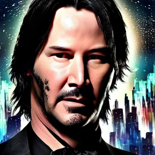 Prompt: Keanu Reeves saving the world as the new Batman. Highly detailed movie poster.
