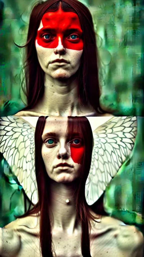 Prompt: a portrait photograph of a female angel by Alessio Albi, beautiful full face, symmetrical face, artstation, deviantart, hyperrealism, green eyes, long red hair,a small nose