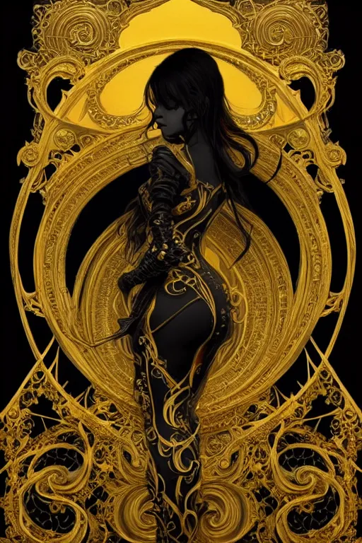 Prompt: beautiful black yellow, complicated gold baroque style decoration, dark fantasy, intricate, elegant, highly detailed, digital painting, artstation, concept art, matte, sharp focus, illustration, octane rendered, art by artgerm and alphonse mucha, leesha hannigan, ross tran