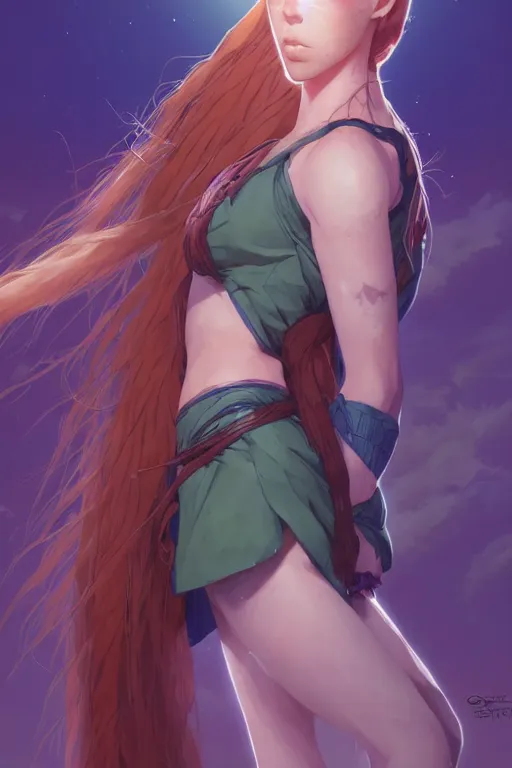 Image similar to long ginger hair, tanned woman in a prehistoric outfit, green eyes, by artgerm, hair tied in a ponytail, white backdrop, soft lighting, blue and purple colors, by greg rutkowski makoto shinkai takashi takeuchi