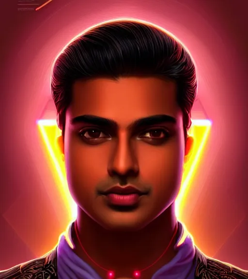 Image similar to symmetry!! indian prince of technology, solid cube of light, hard edges, product render retro - futuristic poster scifi, lasers and neon circuits, brown skin handsome indian prince, intricate, elegant, highly detailed, digital painting, artstation, concept art, smooth, sharp focus, illustration, dreamlike, art by artgerm