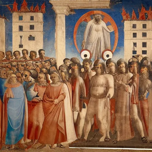 Image similar to Thelema God Morgante the Demon stands above the small townfolk leering with enormous eye fresco by giotto