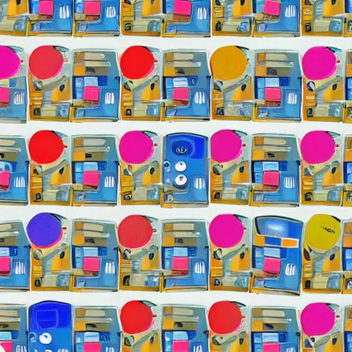 Image similar to a beautiful artistic seamless repeating pattern of floppy disks and surfboards