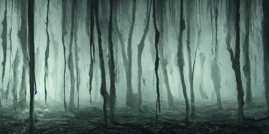 Image similar to a forest made of beautiful female human bodies, hidden behind torn cloth swirling violently, abstract cloth simulation, tattered fabric, rags, ragged, horror, scary, creepy, ephemeral, gradients, hyperdetailed, hyper realistic, Cozy, soft light, caustic, atmospheric fog, Octane Render, cinematic