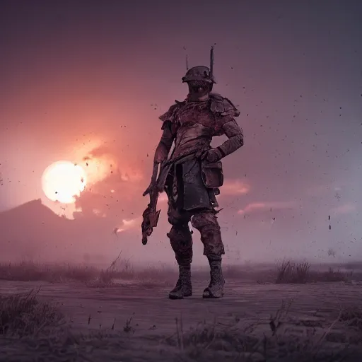 Image similar to war torn fantasy battlefield, violent, one warrior still standing, sunset, octane render, beautiful