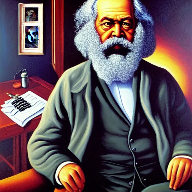 Image similar to an oil on canvas portrait painting of karl marx, surrealism, surrealist, cosmic horror, rob gonsalves, high detail