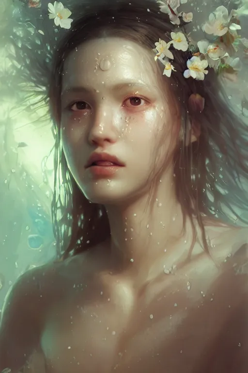 Image similar to face closeup a young beautiful girl nymph drowned in water, underwater photography, 3 d render, hyper realistic detailed portrait, holding magic flowers, ruan jia, wlop. scifi, fantasy, hyper detailed, octane render, concept art, by peter mohrbacher, by wlop, by ruan jia