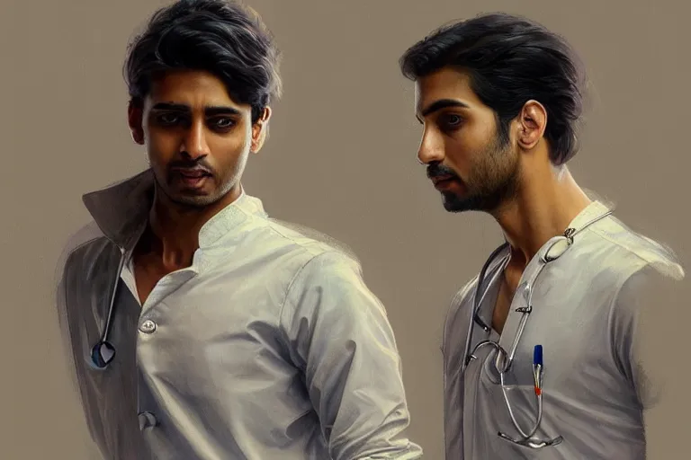 Prompt: Anxious good looking pale young Indian doctors wearing jeans inside a hospital, portrait, elegant, intricate, digital painting, artstation, concept art, smooth, sharp focus, illustration, art by artgerm and greg rutkowski and alphonse mucha