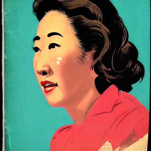 Prompt: “Sandra Oh portrait, color vintage magazine illustration 1950”