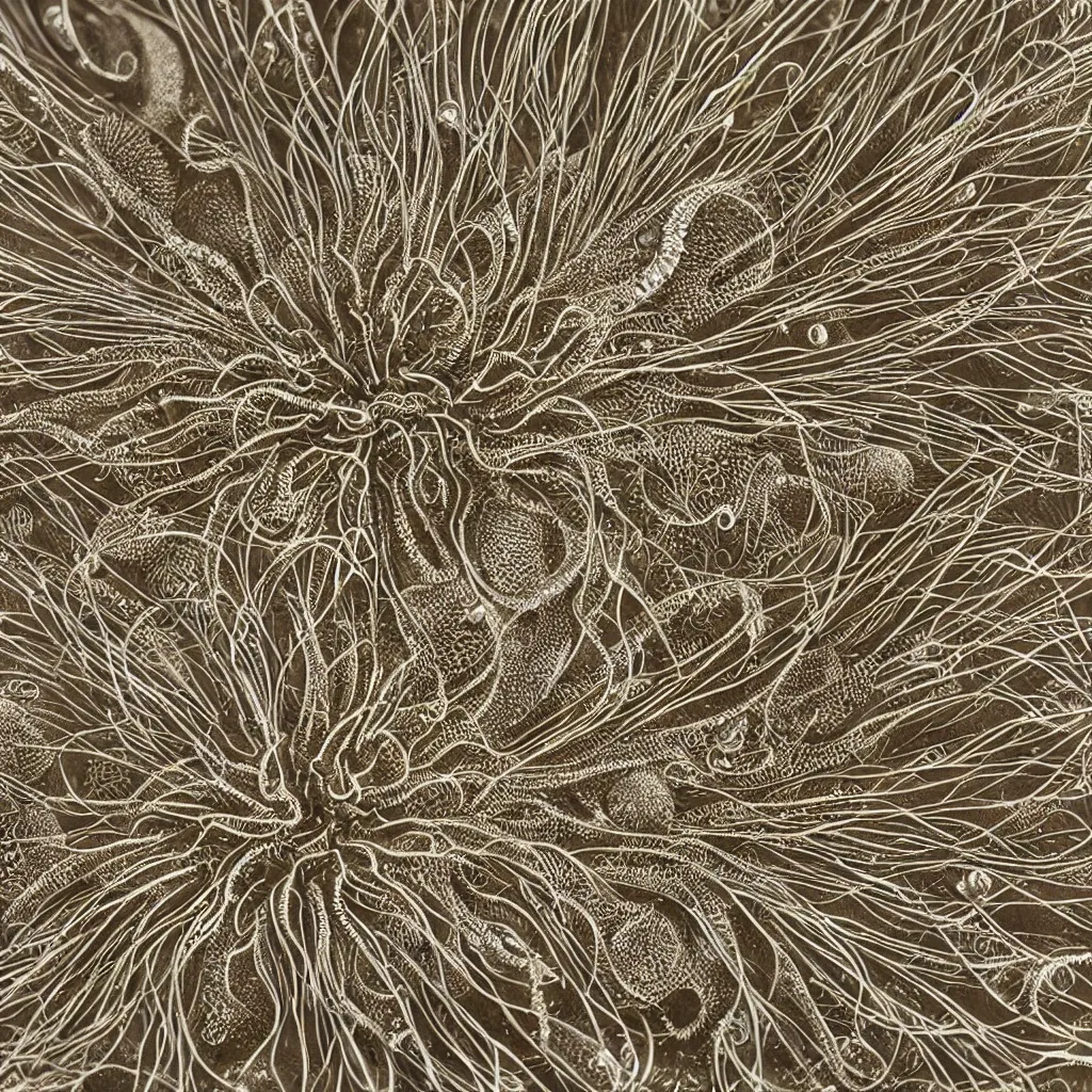 Image similar to complex sea urchin by ernst haeckel, closeup, fractal engravings, realistic cinema 4 d render, beach sand background, clear focus, very coherent, very detailed