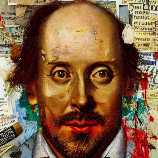 Image similar to hyperrealistic, photorealistic, mixed media oil painting of william shakespeare, magazine scraps, plaster, blood, oil, mustard, cigarettes, splatter, trending on artstation, award - winning painting, greg rutkowski, basquiat, ralph steadman, terry gilliam