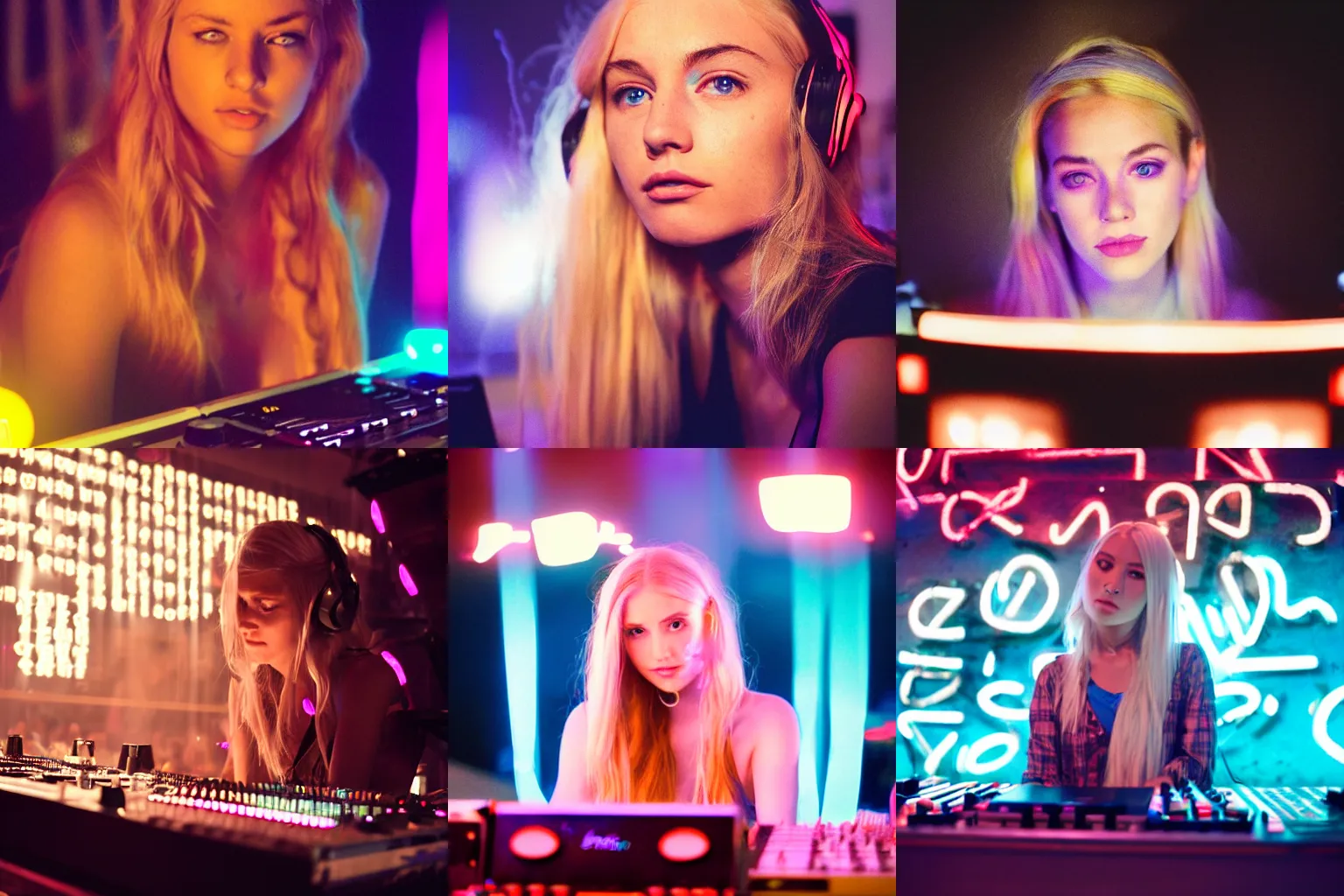 Image similar to A young, blonde-haired woman with soft facial features and blue eyes, 35mm photograph, neon lights in the background, DJing at coachella