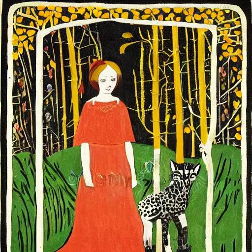 Image similar to In the illustration Vasilisa can be seen standing in the forest, surrounded by animals. She is holding a basket of flowers in one hand and a spindle in the other. Her face is turned towards the viewer, with a gentle expression. In the background, the forest is depicted as a dark and mysterious place. de stijl, black velvet by Erich Heckel, by Helene Schjerfbeck dynamic, soothing