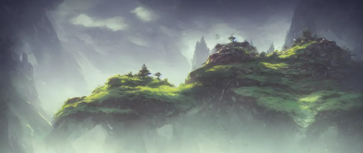 Image similar to floating islands over forest, mountains in background, concept art, low angle, cinematic, style of jordan grimmer