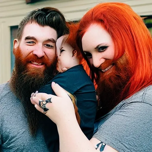 Prompt: photo of a slender attractive couple. The woman has long straight red orange hair. The man has a dark thick neatly groomed beard and tattoos. She is holding a giant corn and a cute baby. He is cutting her hair.