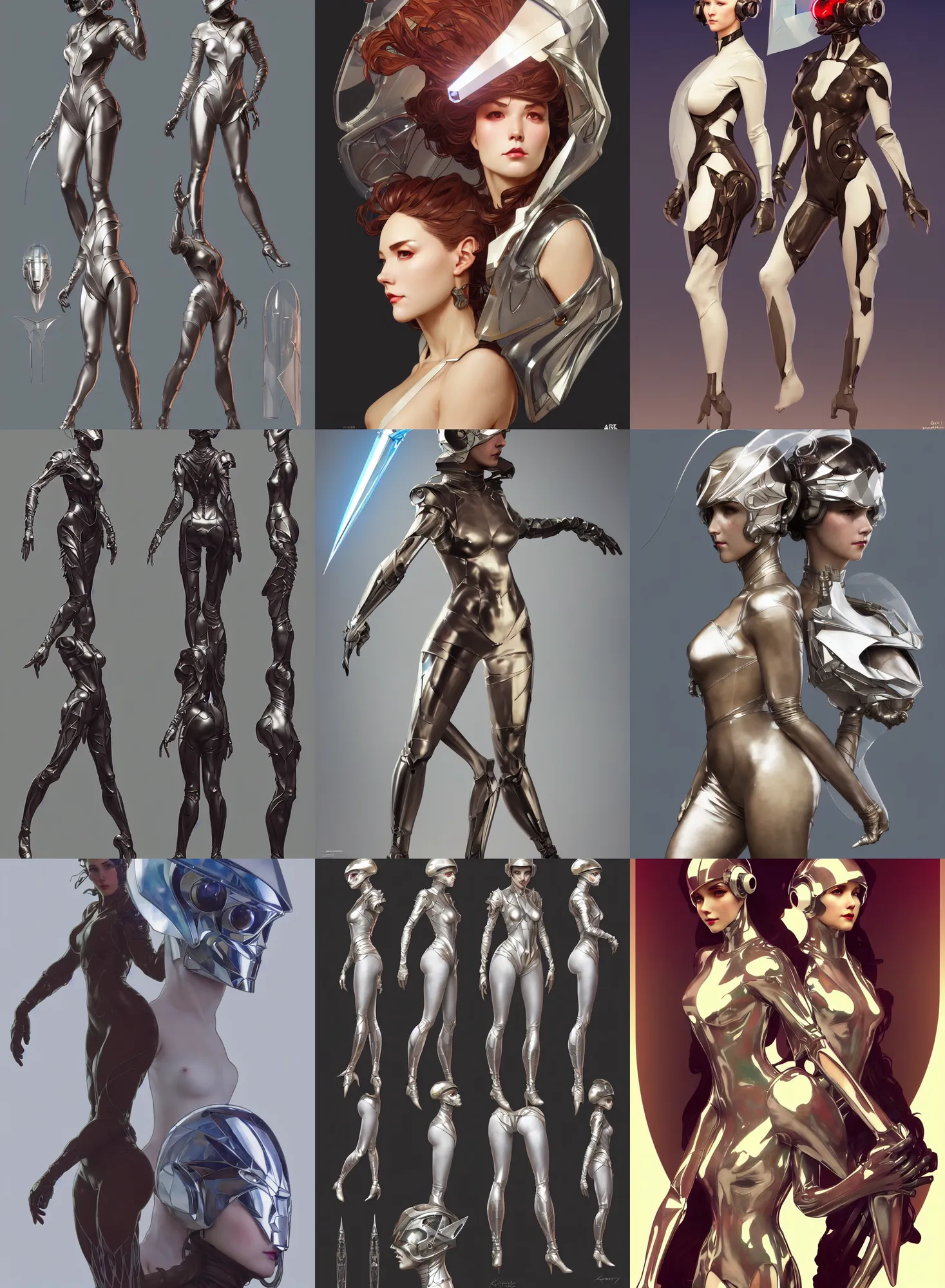 Image similar to a full body character design by artgerm, cushart krenz, greg rutkowski and alphonse mucha. sci - fi dagger. laser and translucent plastic tape project show attctive showgirl!! sci - fi helmet!! sharp edges. ultra clear detailed. contour light effect!! 8 k. ultra detailed, elegant, intricate, octane render.