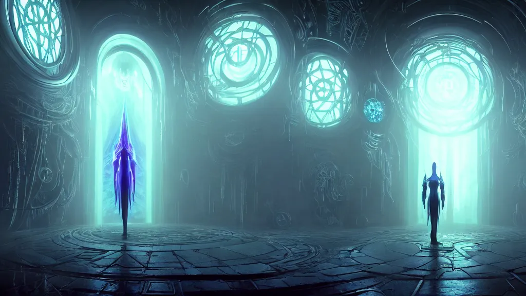 Image similar to portal to the ethereal realm, centered symmetrical composition, intricate concept art, ethereal, ominous, mysterious, enchanted, magic, misty, amazing depth, dramatic lighting, illuminated lines, outrun, vaporware, illuminated runes, cyberpunk darksynth, dark background, 8 k, octane render, by james paick and stephan martiniere and alphonse mucha