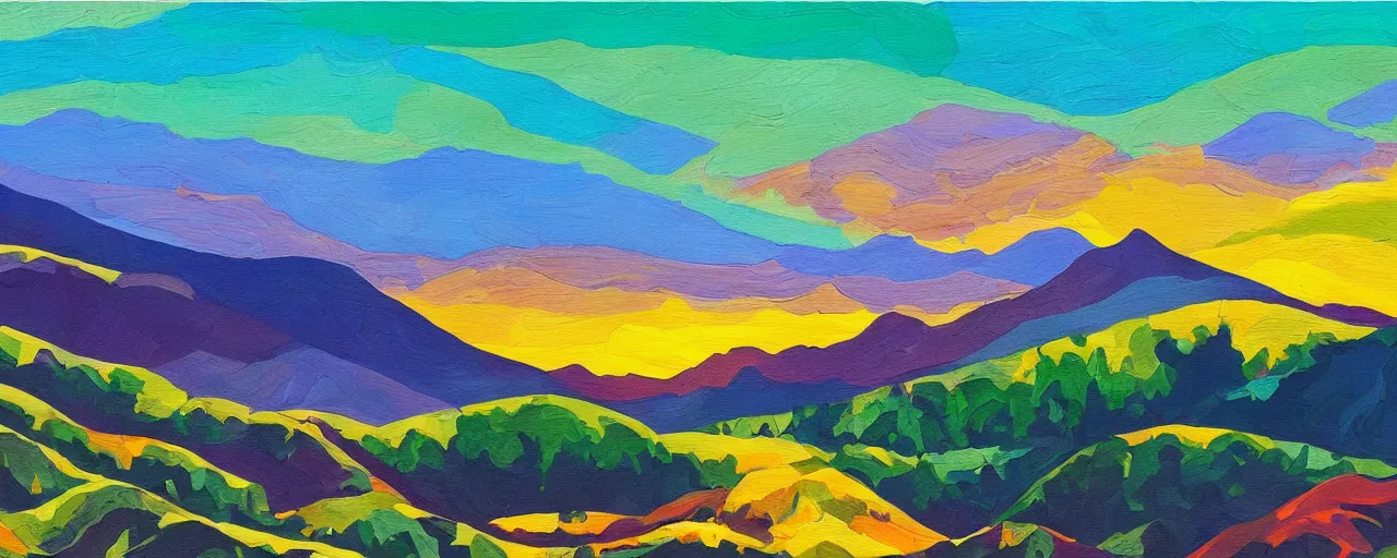 Prompt: banner of a beautiful landscape with trees and mountains, sunset in the background, flowing art, sharp edge lines, complementary coloration, blue, green, red, purple, yellow