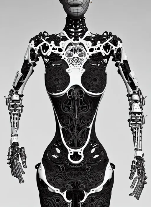 Image similar to black and white 3 d model, biomechanical female cyborg with porcelain profile face and a big floral eye, big leaves foliage and stems, morning glory flowers, hibiscus flowers, boho floral vines, sinuous fine roots, fine filigree foliage lace, alexander mcqueen, rim light, art nouveau fashion pearl embroidered, steampunk, redshift render, 8 k