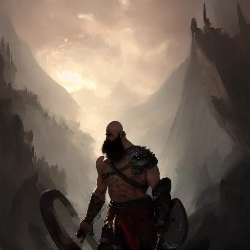 Prompt: oil painting of kratos in valhalla trending on artstation by greg rutkowski