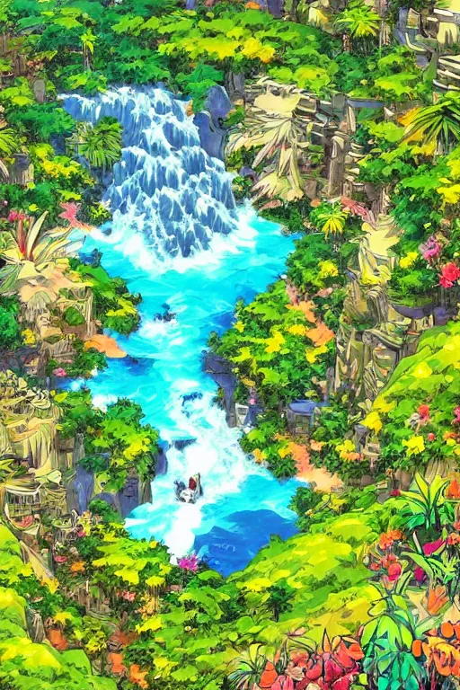 Image similar to landscape of an anime style with tropical flowers and waterfalls neon colors, bird eye view, bove rule of thirds golden ratio, fake detail, trending pixiv fanbox art by todd mcfarlane