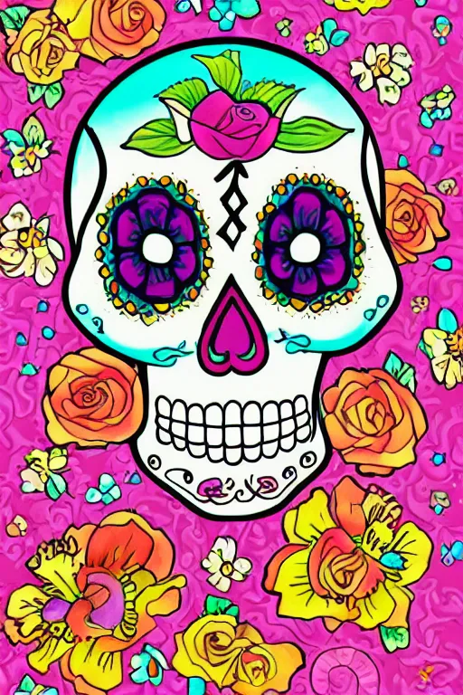 Image similar to Illustration of a sugar skull day of the dead girl, art by Lisa Frank