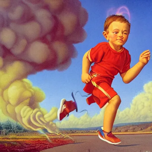 Image similar to a running child turning into vapor, mist, smoke, scissors in hand, a detailed matter painting by John Philip Falter