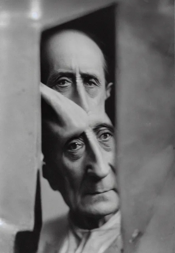 Prompt: a close - up casual photo of marcel duchamp trapped inside a readymade object, blurry, 1 9 2 0 s monochrome snapshot, graflex 4 x 5, f 1. 8, 3 5 mm, ilford delta 3 2 0 0 pro