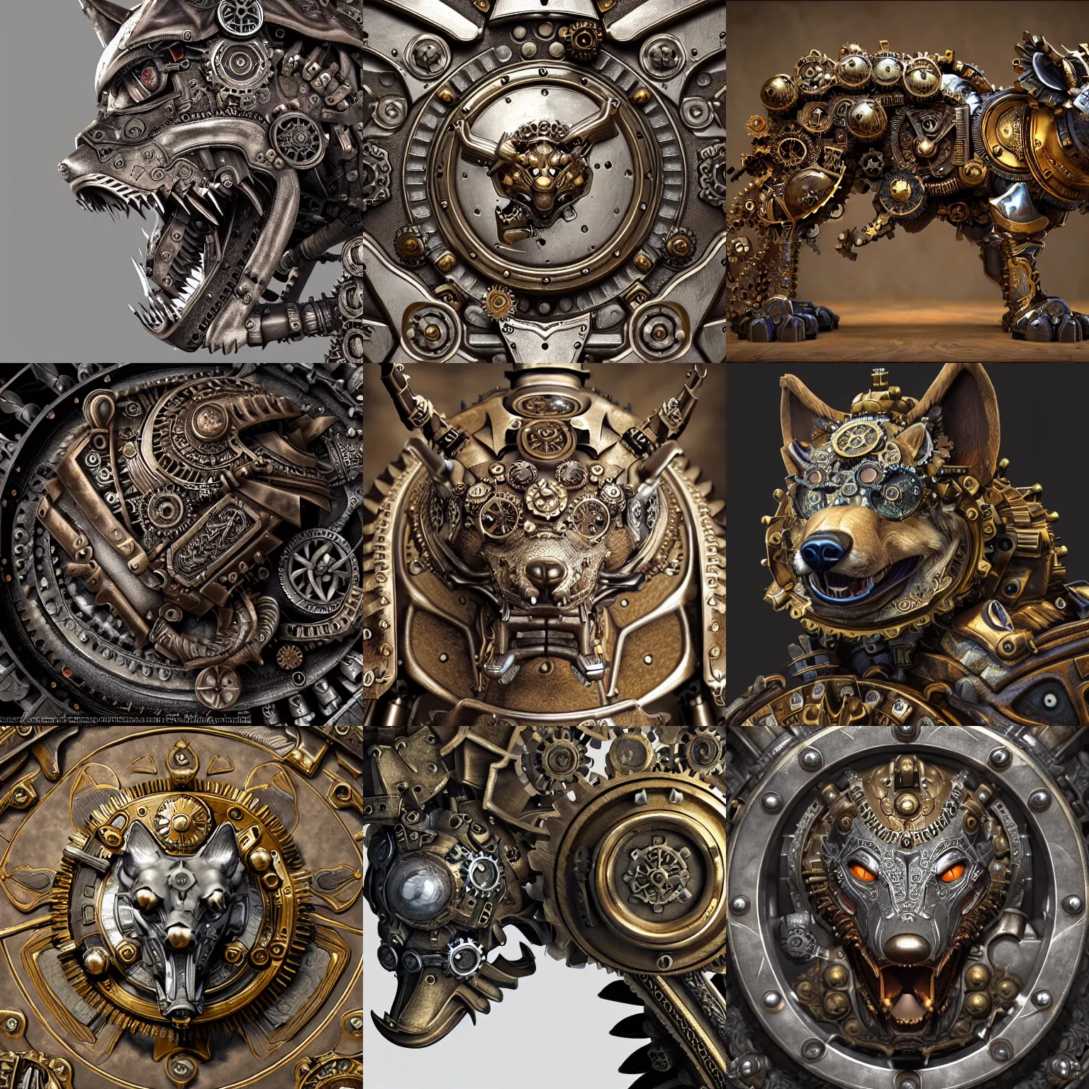 Image similar to A steampunk ornate wolf made of engraved full plate armor and gears, Macro shot by Justin Gerard, unreal engine, physically based rendering