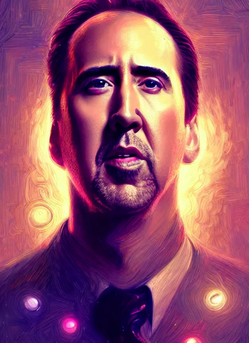 Prompt: portrait of nicholas cage losing his mind, intricate, elegant, glowing lights, highly detailed, digital painting, artstation, glamor pose, concept art, smooth, sharp focus, illustration, art by artgerm and greg rutkowski, artey freytag