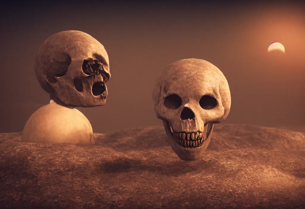 Prompt: strange alien skull in a dessert in the moon, cinematic lighting, octane tender, volumetric light, dark - art