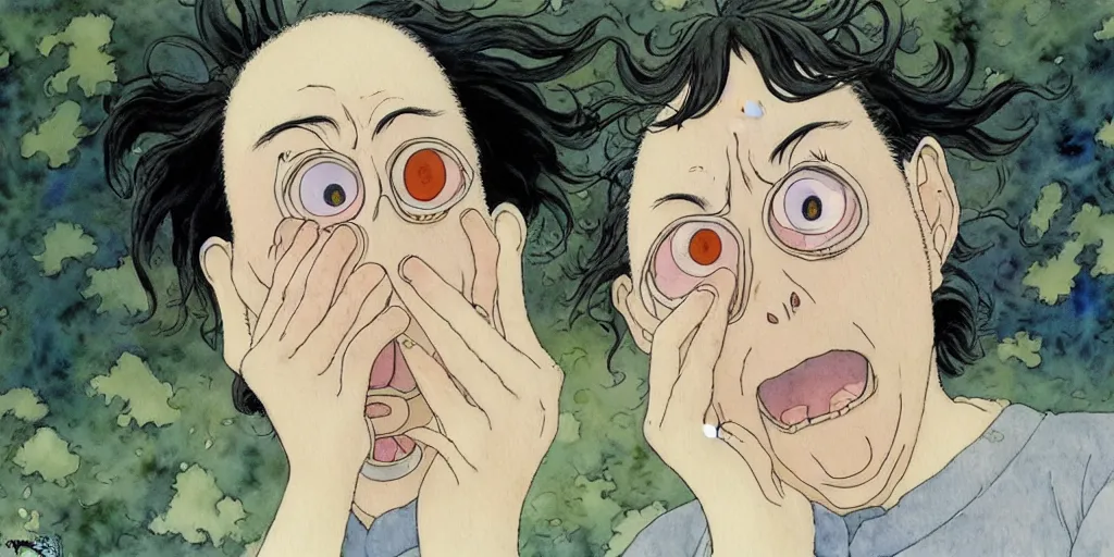 Image similar to a hyperrealist studio ghibli watercolor fantasy concept art of todd solondz crying. by rebecca guay, michael kaluta, charles vess