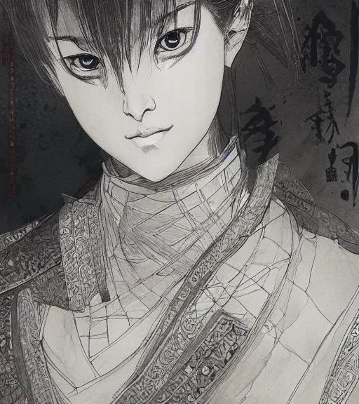 Prompt: portrait of samurai anime woman, pen and ink, intricate line drawings, by craig mullins, ruan jia, kentaro miura, greg rutkowski, loundraw