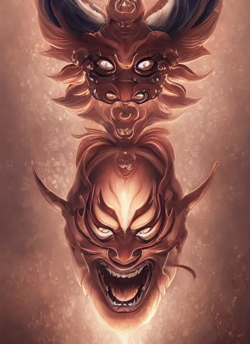 Image similar to a beautiful detailed oil on copper art illustration of a japanese oni kitsune mask devil woman, the mask is broken, centered, by charlie bowater, zeng fanzh, trending on artstation, dim dusk lighting, cinematic lighting, detailed lighting, volumetric lighting, realistic, f 8, 4 k hd wallpaper