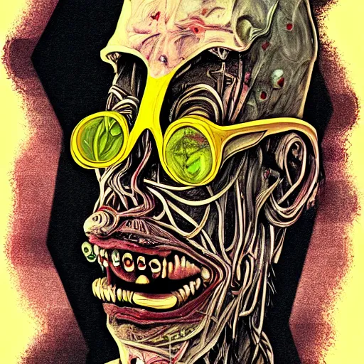 Prompt: graphic illustration, creative design, ancient lord, biopunk, francis bacon, highly detailed, hunter s thompson, concept art