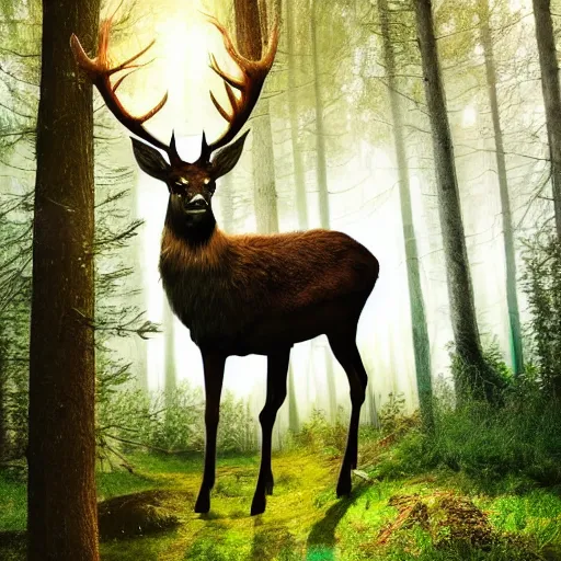 Image similar to photo of an hyper realistic arcanic, celestial highly detailed stag, in a magical highly detailed forest background. sunlight rays throught the trees.