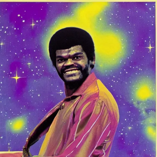 Prompt: Billy Preston (1974) in space in front of a purple nebula