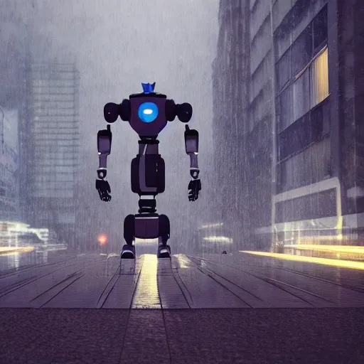 Prompt: a photo of a robot in a futuristic city its raining, vaporware style