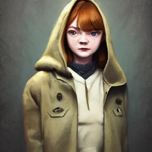 Prompt: a highly detailed epic cinematic concept art CG render digital painting artwork costume design: a teenage Sadie Sink in a 1950s man's coat and hoodie. muted colors with some yellow accents. By Greg Rutkowski, Ilya Kuvshinov, WLOP, Stanley Artgerm Lau, Ruan Jia and Fenghua Zhong, trending on ArtStation, made in Maya, Blender and Photoshop, octane render, excellent composition, cinematic atmosphere, dynamic dramatic cinematic lighting, aesthetic, very inspirational, arthouse