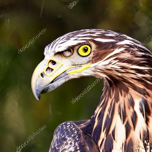 Image similar to hawk morphed with a velociraptor hybrid animal, high quality photo taken in zoo, realistic