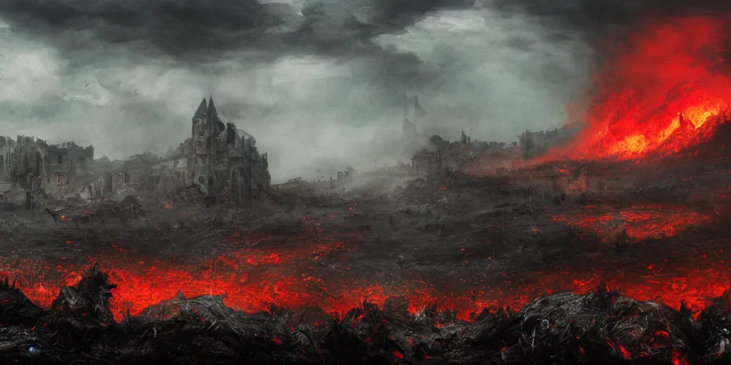 Prompt: a castle in distance in flames and ruins, the ground is dark and cracked, a large man in full plate of black armor, splattered in blood, riding a large black horse with red glowing eyes and red wisps emanating from it's eyes, blackened clouds cover sky crackling with lightning and rain in the distance,,