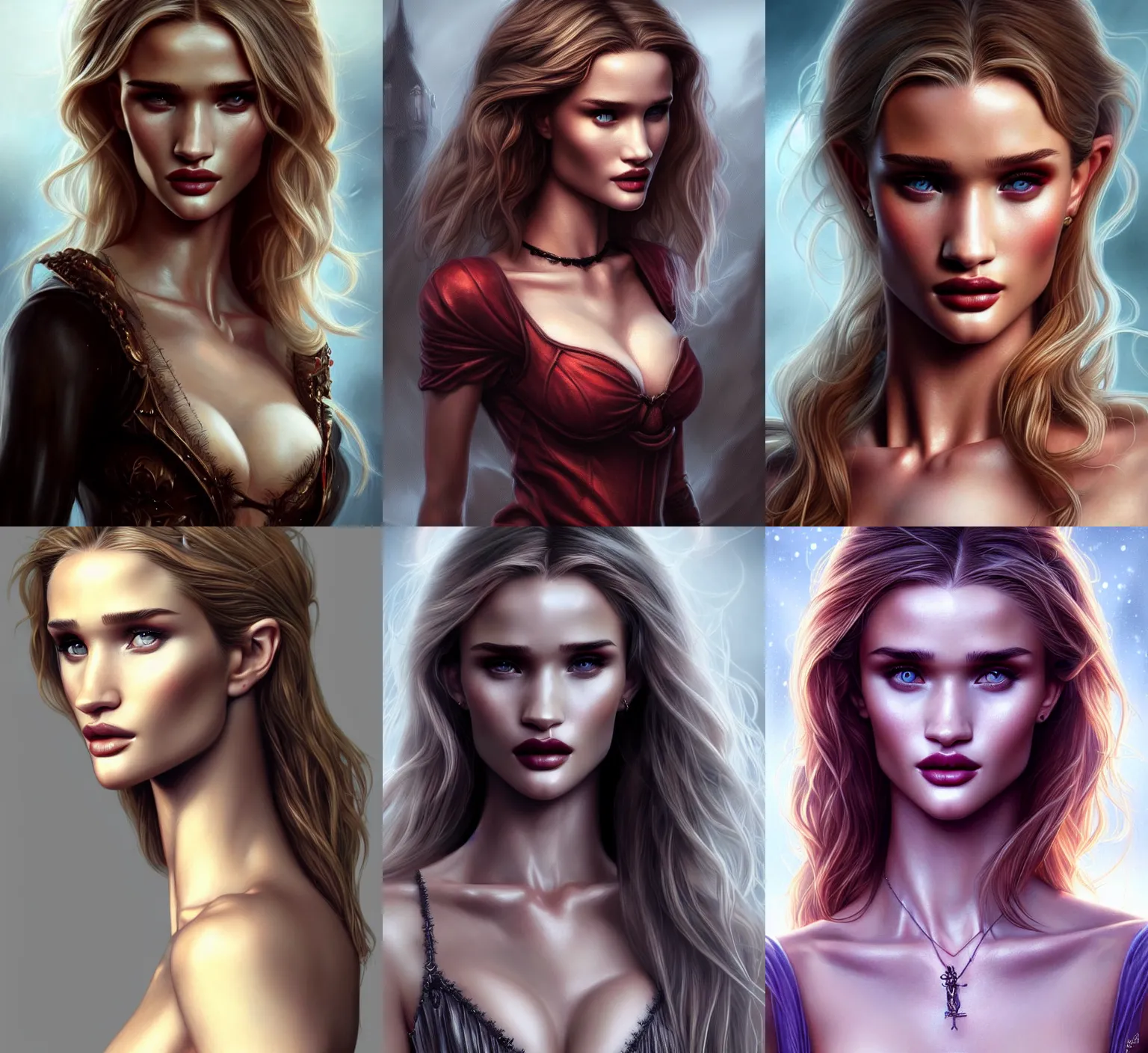 Prompt: portrait of a young beautiful vampire,rosie huntington, upper body, attractive body, D&D, fantasy, intricate, cinematic lighting, highly detailed, digital painting, artstation, concept art, smooth, sharp focus, illustration, art by Artgerm