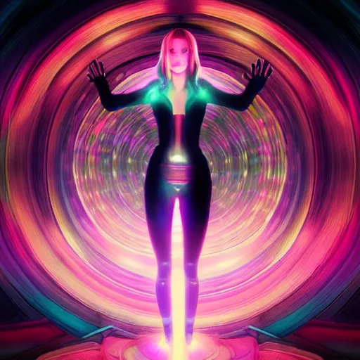 Prompt: long Shot of psychedelic Black widow standing in mysterious chromatic astral temple , stylish, lsd, soft, cinematic, artwork by WLOP