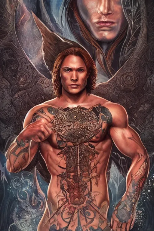 Image similar to muscular sam winchester as a mage tattooed in the cover of an acotar book, sarah j. maas, d & d!, fantasy style, sharp focus!, ultra detailed, art by artgerm, wlop, ilya kuvshinov