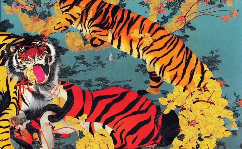 Prompt: a red delorean and yellow tiger, painting by hsiao - ron cheng and utagawa kunisada, magazine collage, no humans, # de 9 5 f 0