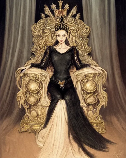 Prompt: an illustration of a queen with fair skin and dark stylises hair on a throne at night by tolkien, realistic, detailed, oil painting