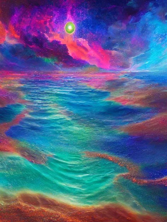 Prompt: Beautiful painting digitial Ocean desert 8k resolution holographic astral cosmic illustration mixed media by Pablo Amaringo 4k arstation